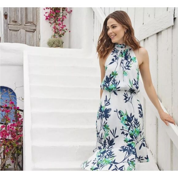 Adrianna Papell White Floral Textured Chiffon Halter Neck Blouson 14 NWT $159 - Picture 2 of 6